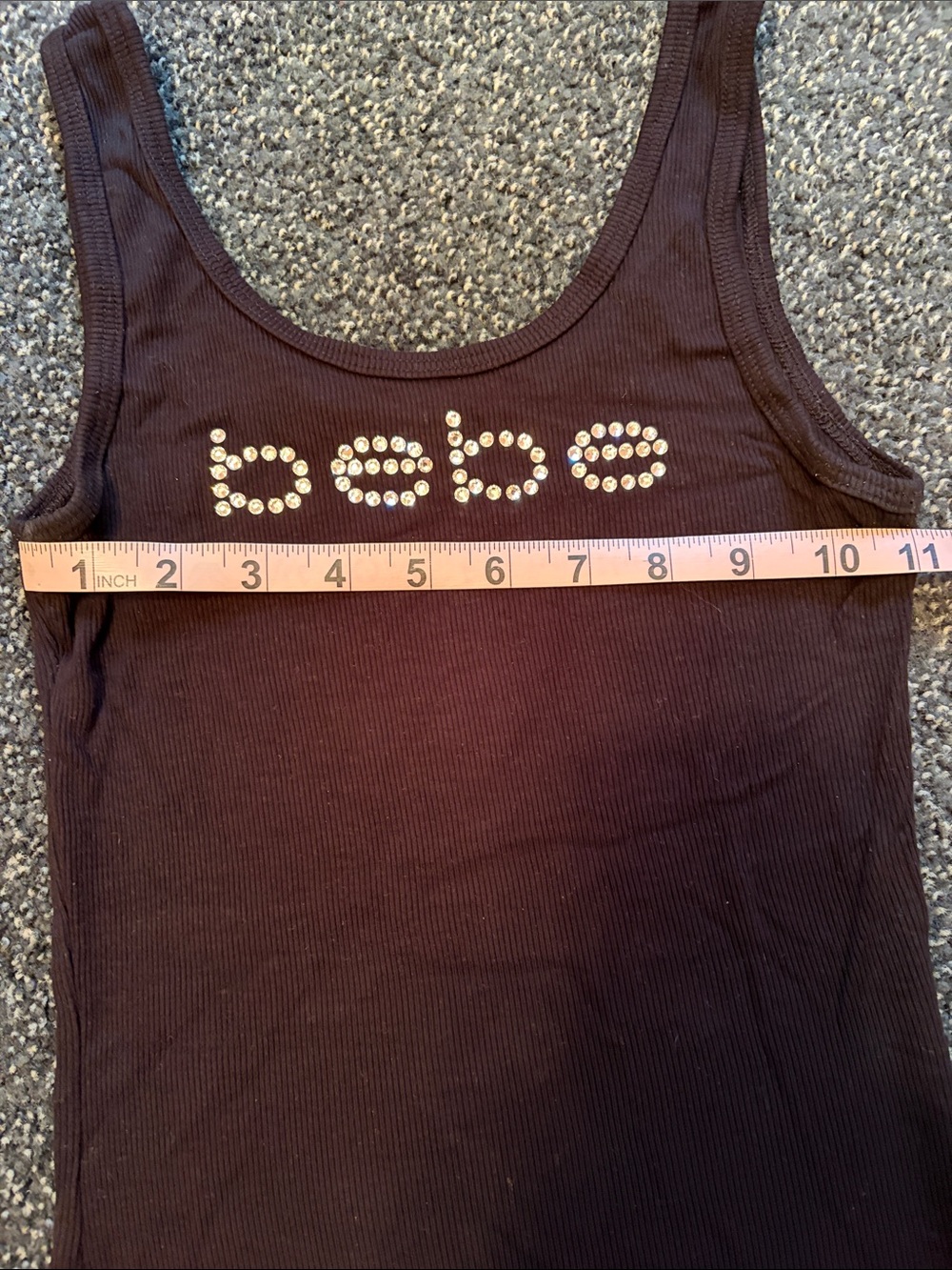 bebe Black Ribbed stretch Top with rhinestone Logo - Picture 6 of 8